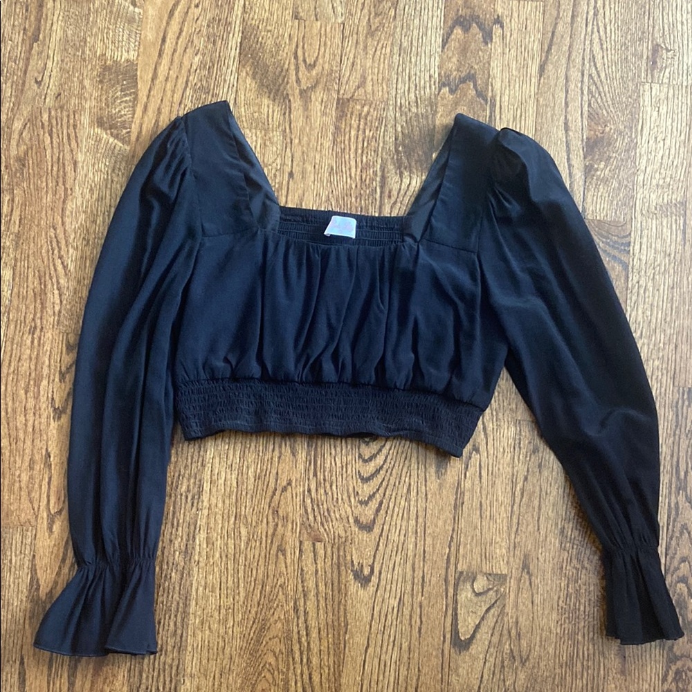 Pink Lily Black Puff Sleeve Ruched Crop Blouse